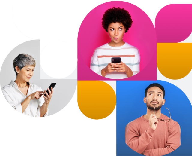 Colorful collage of three people, two checking their phones and one deep in thought