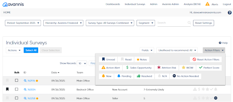 Individual Surveys screen in the Avannis platform with survey records and action filters
