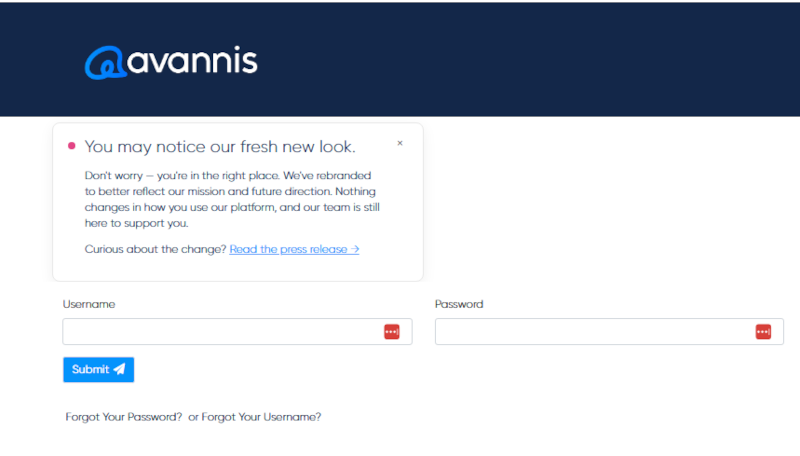 Refreshed Avannis login page with a notice explaining the new branding