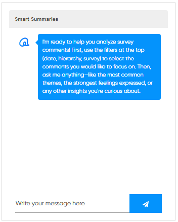 Smart Summaries chat assistant offering to analyze survey comments